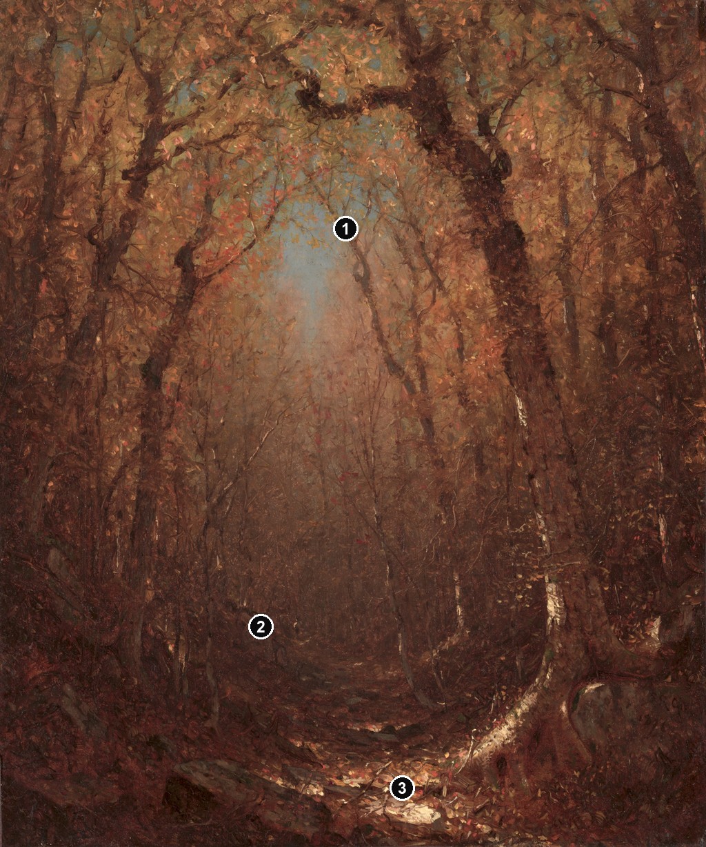 Annotated details from Autumn, a Wood Path by Sanford Robinson Gifford